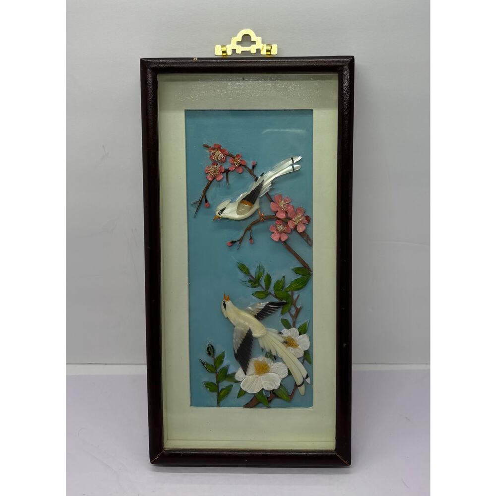 Vintage Mother of Pearl Birds and Flowers in 12” X 6” Frame Asian Carved 3D Art